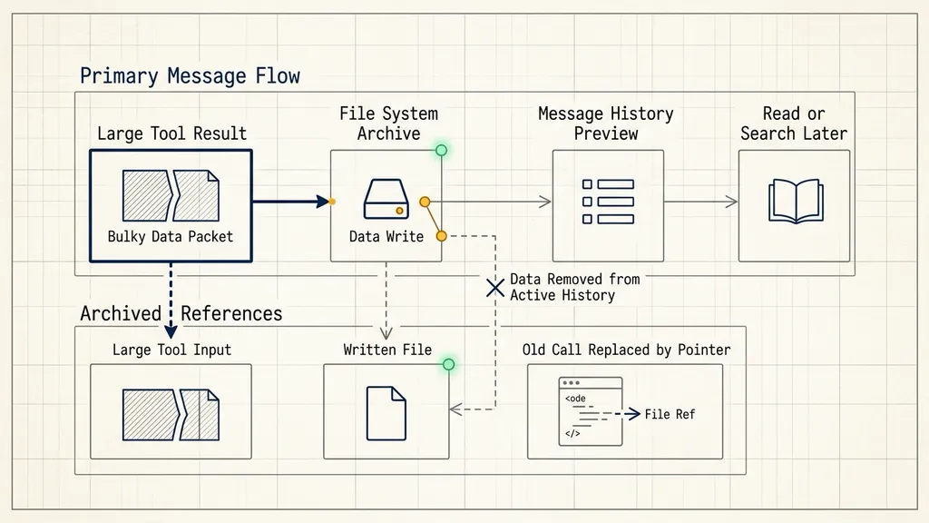 Diagram: Large tool outputs and inputs are replaced by file pointers